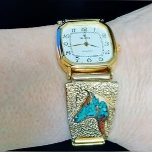 Men's Gold Inlaid Turquoise/Coral American Indian Horse Band w/ 'The Onyx' Watch